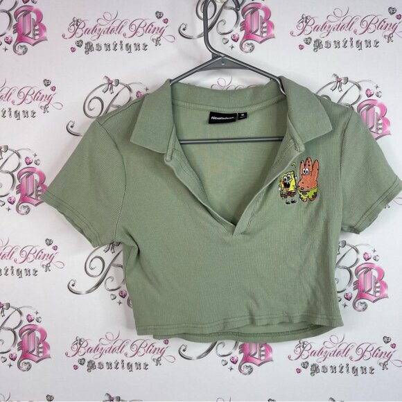 Nickelodeon cropped tshirt SpongeBob Patrick Olive Green Crop Top Embroidery y2k - Picture 3 of 7